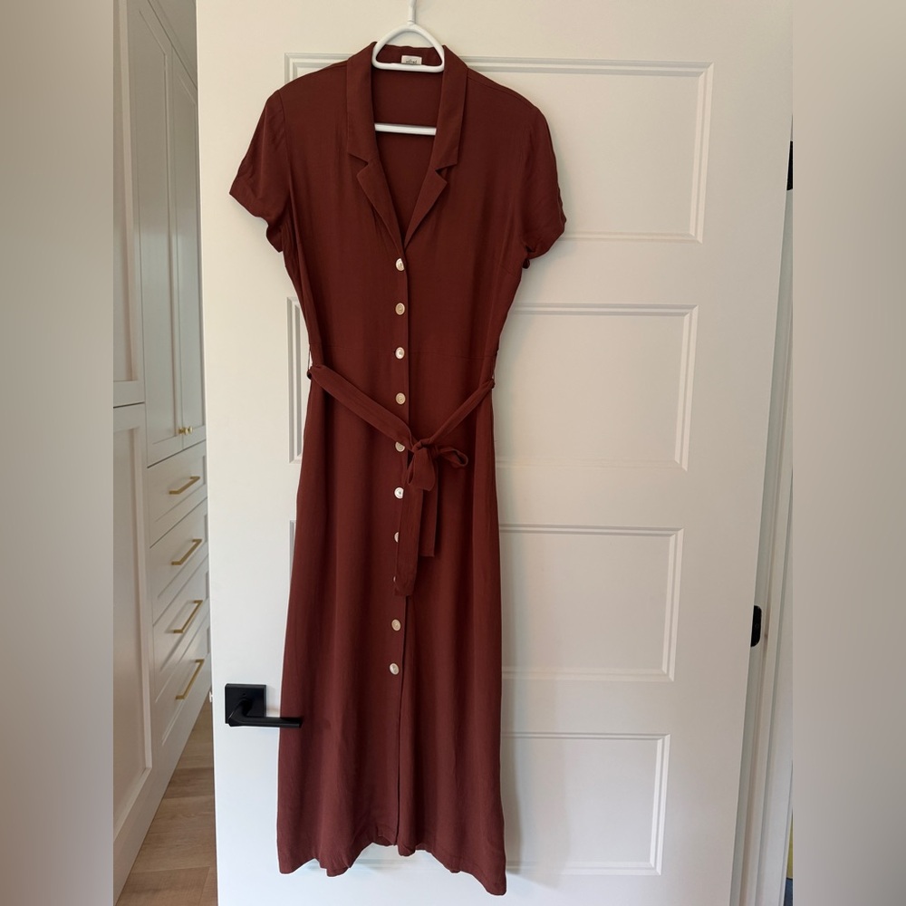 Aritzia rust-brown button-front belted midi shirt dress